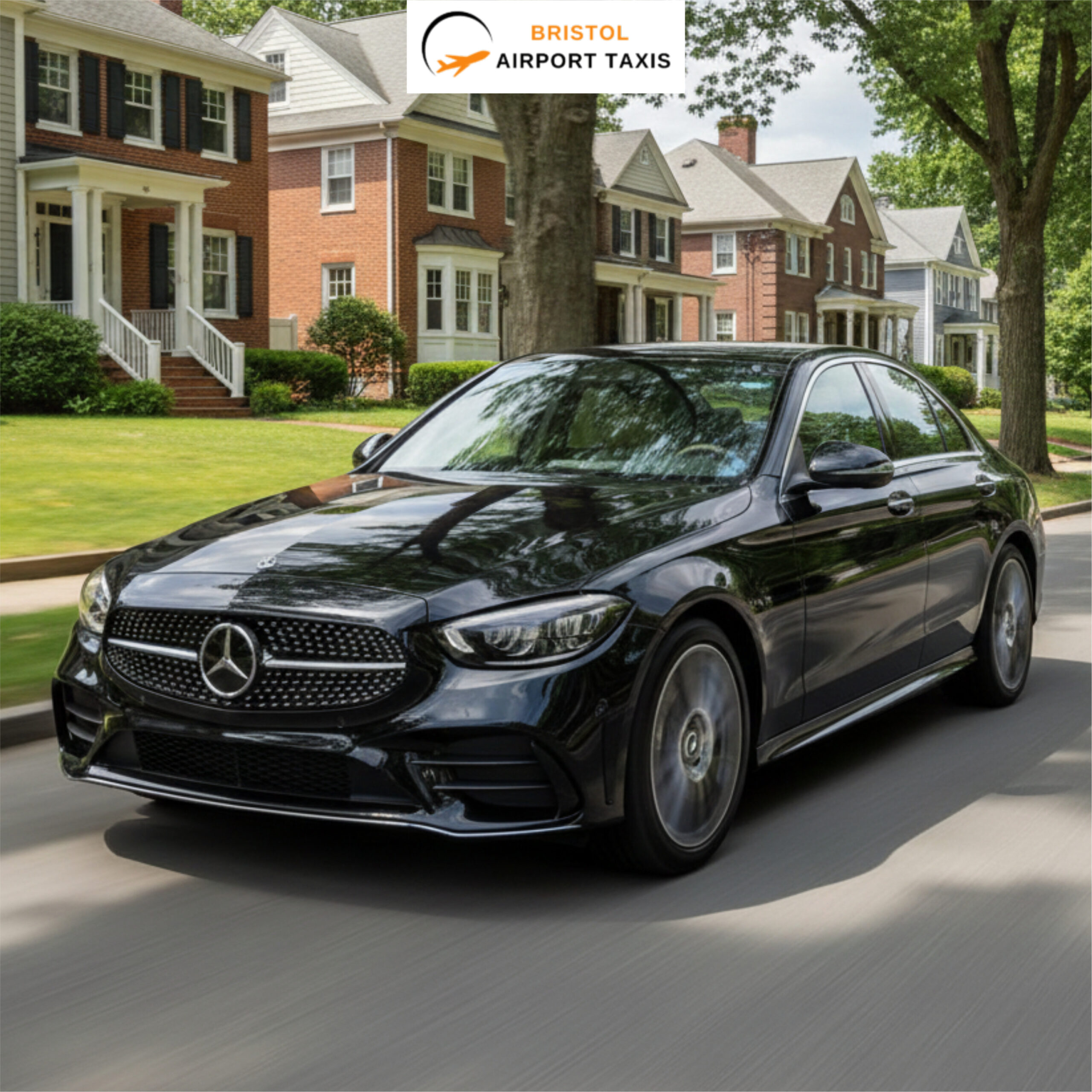 Luxury black Mercedes airport taxi by Bristol Airport Taxis on a historic Bristol street