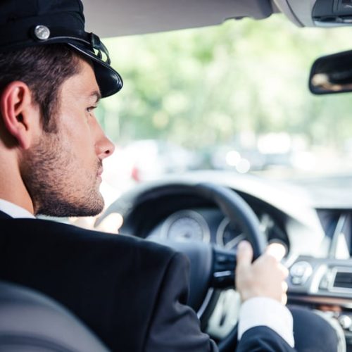 Male chauffeur riding car